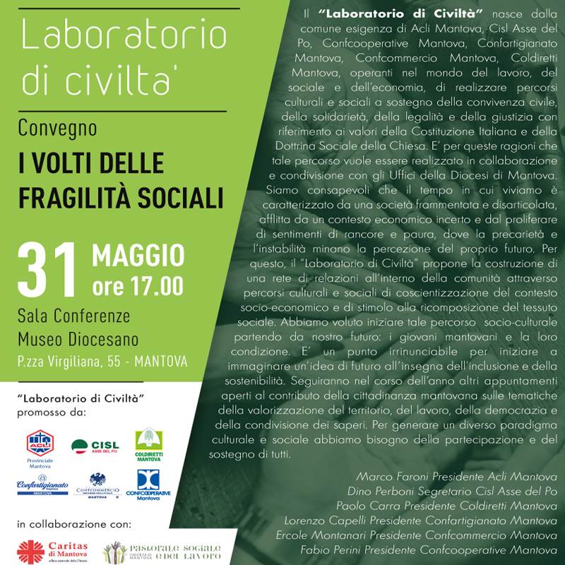 Secondo convegno del Laboratorio di Civilità: venerdì 31 maggio si parla di fragilità sociali