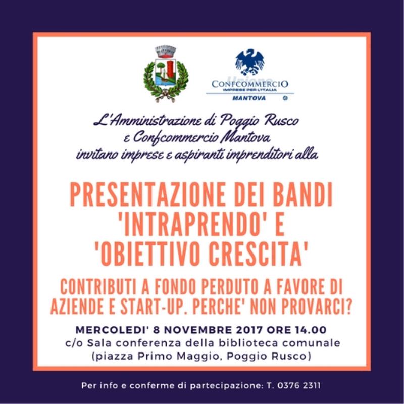 Poggio Rusco. Mercoledì 8 novembre incontro informativo sui contributi a disposizione di aziende, start-up e aspiranti imprenditori